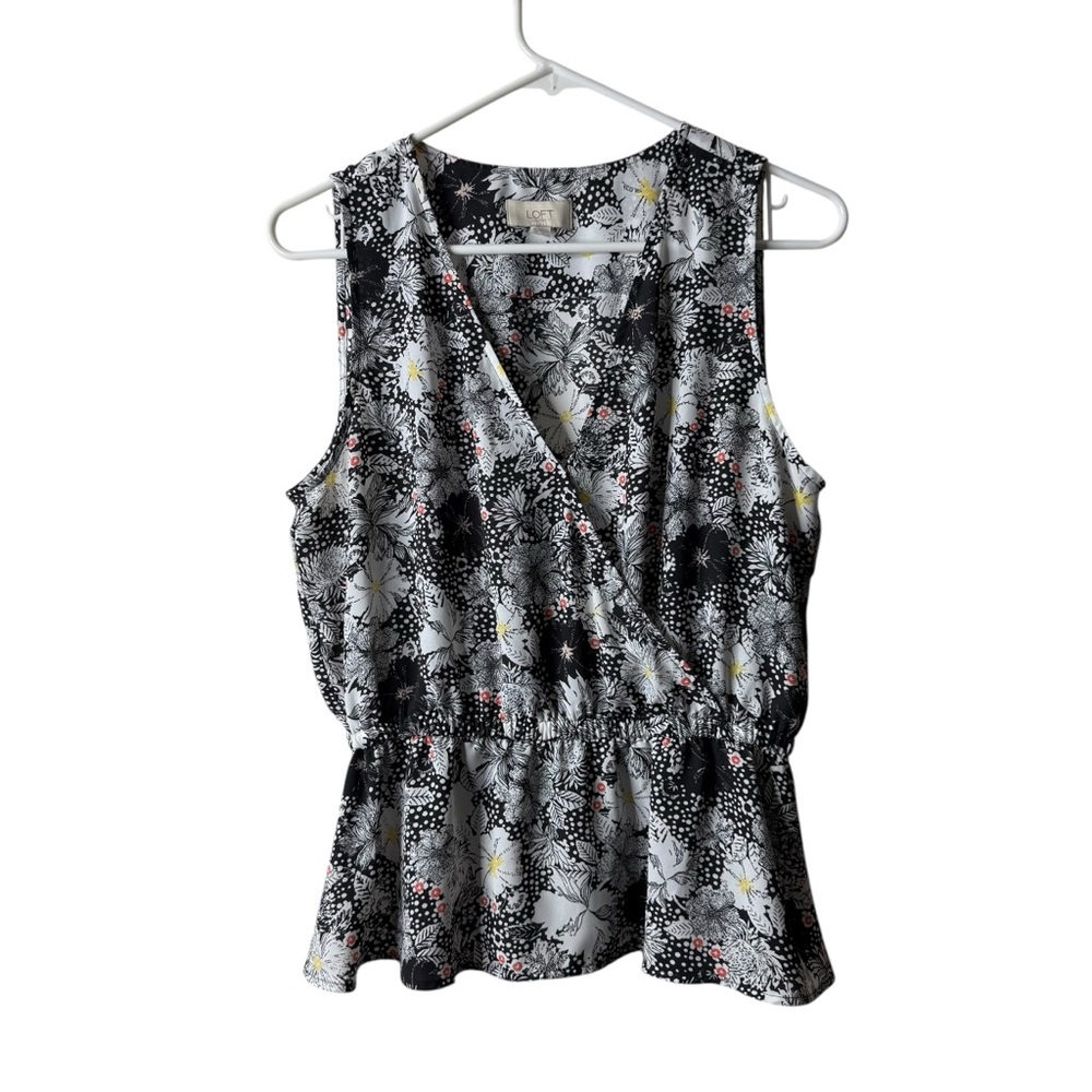 Loft Black White Floral Surplice Faux Wrap Peplum Tank Top